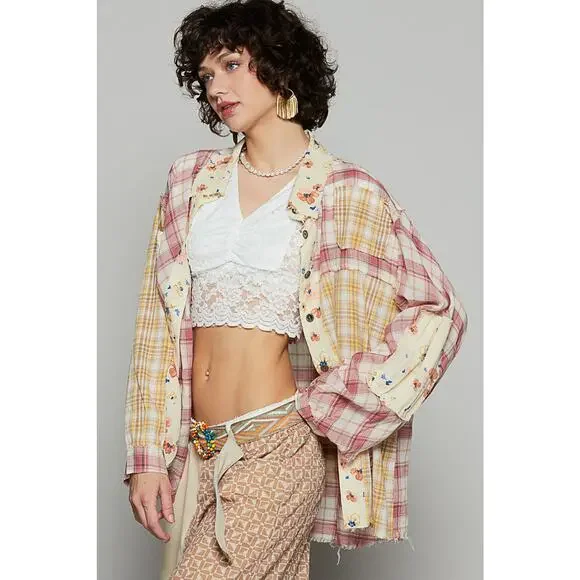 POL Mauve Size Medium Full Sleeve Floral Pattern Woven Plaid Shirt